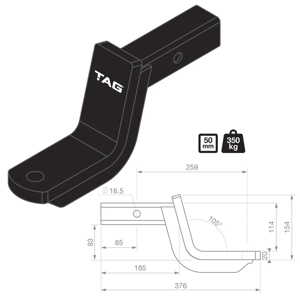 TAG Tow Ball Mount - 254mm Long, 88mm Dr